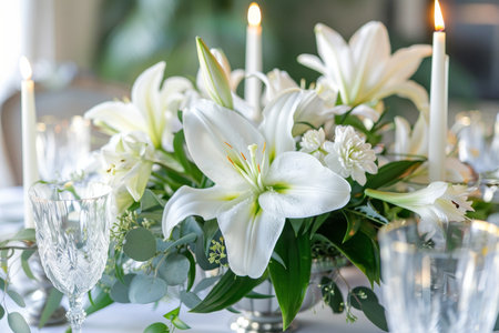 A Sophisticated Table Setting for Easter: Featuring a Stunning Easter Lily Centerpiece with Lush Green Accentsの素材