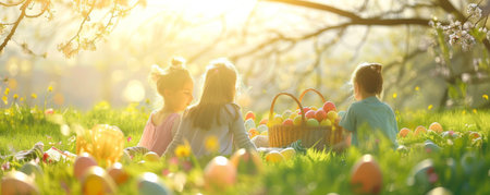 Celebrating Easter Outdoors: A Sunny Day Picnic with Loved Ones in the Parkの素材