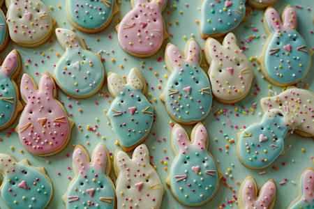 Homemade Bunny-Shaped Cookies Adorned with Colorful Icings for a Festive Easter Treatの素材