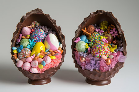 Unveiling Easter Joy: Delightful Chocolate Egg Halves Filled with a Variety of Treats and Candiesの素材