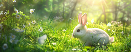 A Fluffy Easter Bunny Leaping Among Spring Flowers in a Vibrant Meadowの素材