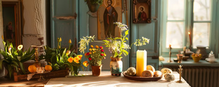 Celebrating the Resurrection: A Family's Home Altar Beautifully Decorated with Easter Symbols and Candlesの素材