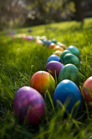 Easter's Palette: A Colorful Assortment of Dyed Eggs Hidden Amongst the Lush Green Bladesの素材