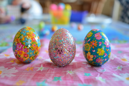 Festive Easter Egg Crafting: Kids Adorning Eggs with Glitter and Stickers for a Colorful Holidayの素材
