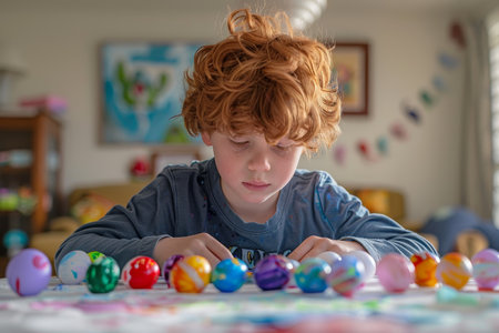 A cheerful young boy engaging in the tradition of dyeing Easter eggs on a bright spring dayの素材