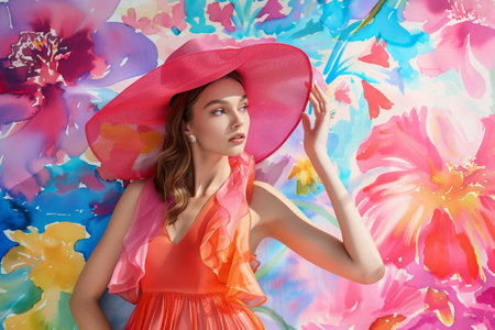 Spring Fashion Unveiled: A Chic Female Model Amidst a Burst of Seasonal Sketchesの素材