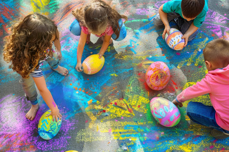 Bright and Joyful Easter: Kids Bringing Sidewalks to Life with Egg-Shaped Chalk Drawingsの素材