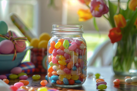 Easter Delight: A Mason Jar Overflowing with Rainbow-Colored Jelly Beans for the Holidayの素材