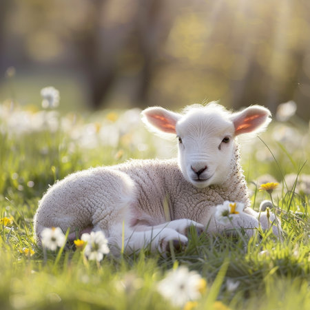 The Quintessence of Spring: A Young Lamb Finds Solace in the Vibrant Green Grass of Easter Morningの素材