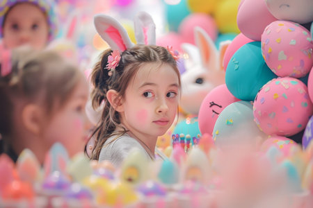 Little Hands at Work: The Joyful Scene of Kids Engaging in Easter Craft Activities Surrounded by Spring Colorsの素材