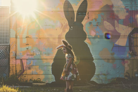Celebrating Easter: A Cheerful Girl with Bunny Ears Poses in Front of a Playful Bunny Muralの素材