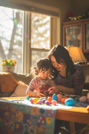 A Joyful Afternoon of Easter Creativity: Mother and Daughter Making Decorations in a Cozy Home Settingの素材