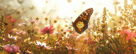 A Peaceful Easter Encounter: Witnessing a Single Butterfly's Graceful Flight in a Flourishing Spring Gardenの素材