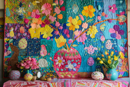 Handcrafted Joy: A Festive Easter Quilt Bursting with Symbols of Springtime Splendorの素材