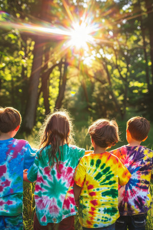 Joyful Friends Flaunting Handmade Tie-Dye Shirts at a Sunny Easter Garden Partyの素材