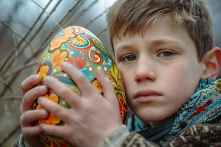 Joyful Teen Embraces the Spirit of Easter with a Colorfully Adorned Giant Eggの素材