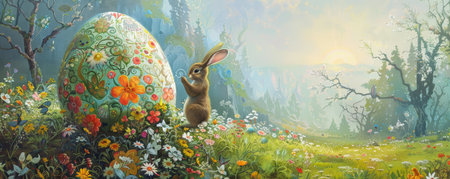Easter Magic Unfolds: Joyful Rabbit Embellishing a Massive Egg with Festive Designs in a Lush Spring Settingの素材
