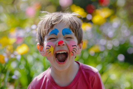 A Delightful Easter Scene: Boy with Bunny Face Paint Celebrates with a Roar in a Blooming Gardenの素材