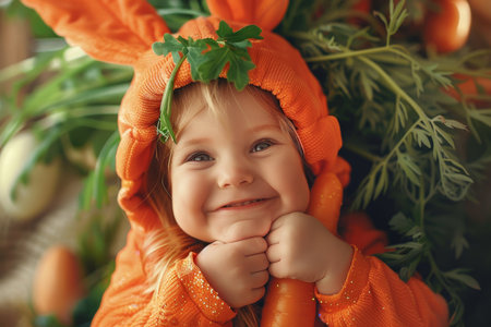 A Joyous Easter Celebration: Little One Dressed Up in a Cute Carrot Outfit, Radiating Happinessの素材