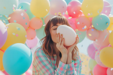 Easter Elegance: Charming Lady Sending Love Through Kisses Beneath a Pastel Balloon Archwayの素材
