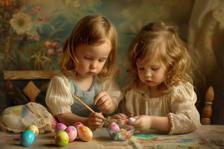Brother and Sister Sharing Laughs and Paints While Creating Colorful Easter Eggsの素材