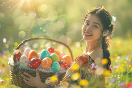 Celebrating the Arrival of Spring: A Woman's Delight in Carrying a Basket Full of Brightly Painted Easter Eggsの素材