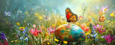 Spring's Delight: A Vibrant Butterfly Finds Solace on a Decorated Easter Eggの素材