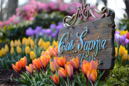 Easter Greetings Amidst a Colorful Garden: Tulips and Crocuses Encircle a Festive Signの素材