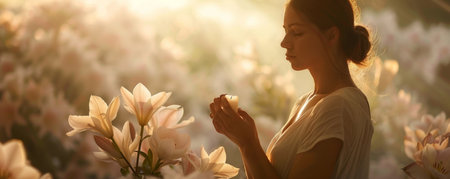 Elegance and Purity Embodied: A Graceful Woman Holding a Candle Amidst a Sea of Easter Liliesの素材