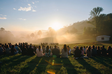 Dawn's First Light Welcomes a Congregation Celebrating Easter with a Serene Outdoor Serviceの素材