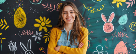 Smiling Lady Presenting a Chalkboard Adorned With Vibrant Easter Wishes and Seasonal Drawingsの素材