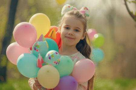 A Delighted Child Holding a Vibrant Collection of Easter Balloons, Ready to Enjoy the Festivitiesの素材