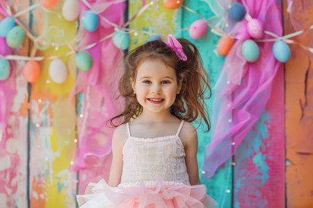 A Cheerful Young Girl in a Pink Tutu Celebrates Easter with a Festive Egg Bunting Backgroundの素材