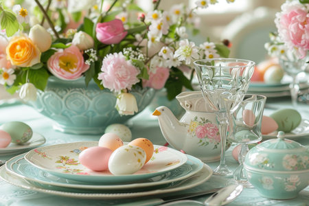 Spring's Feast: An Exquisite Easter Table Setting with Blooming Pastels and Fine Dining Essentialsの素材