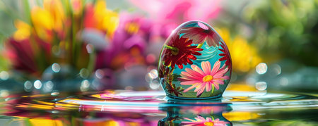 Spring's Magical Mirror: The Vibrant Easter Egg Reflected in Nature's Water Dropletsの素材