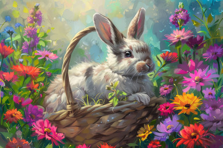 Spring's Delight: An Adorable Bunny Carrying a Colorful Array of Easter Flowersの素材