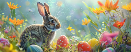 Springtime Magic: The Artistic Bunny Bringing Easter Eggs to Life with a Splash of Colorの素材