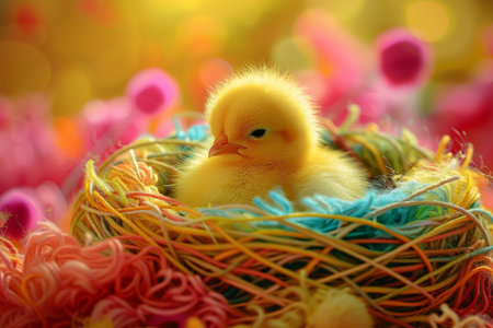 Cozy Beginnings: A Vibrant Illustration of a Young Chick Embraced by a Handcrafted Yarn Nest for Easterの素材