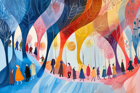 The Elegance of Easter: A Festive Procession Illustrated Through Dynamic Curves and Flowing Linesの素材