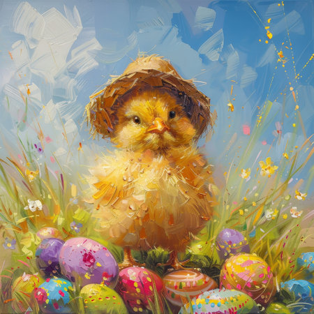 Easter Joy Unleashed: The Charming Tale of a Yellow Chick and Its Fashionable Tiny Hatの素材