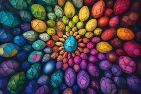 Easter Elegance: A Vibrant Mandala Made Entirely of Geometrically Patterned Eggsの素材