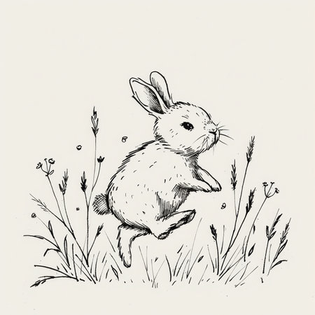 The Graceful Leap: A Monochrome Minimalist Sketch of a Bunny in Mid-Hopの素材