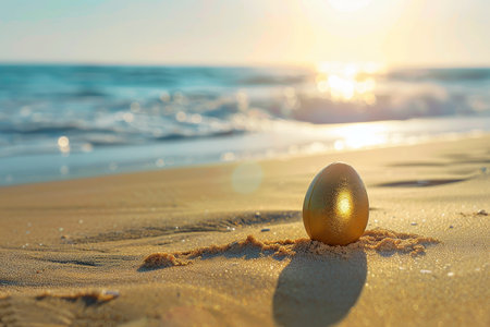 An Easter Adventure Awaits: Discover the Colorful Egg Hidden Beneath the Warm Sands of a Peaceful Shorelineの素材