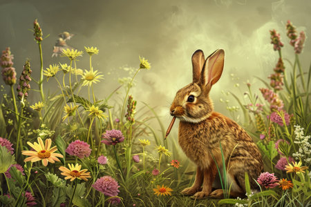 In the Heart of Spring: A Bunny's Artistic Journey Writing Letters with a Quill in a Flower-Filled Meadowの素材