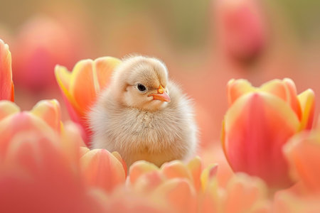 Spring's Gentle Embrace: A Tiny Chick Finds Solace on the Petal of a Blooming Tulipの素材