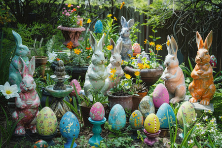 A Festive Easter Celebration: The Garden Transformed into a Vibrant Paradise of Eggs and Bunniesの素材