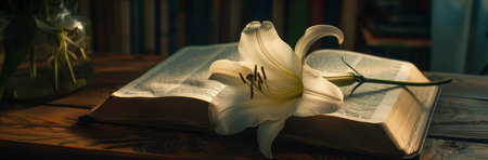 A Quiet Space for Devotion: Soft Light Shines on an Open Bible and a Pure White Lily, Symbolizing Peace and Purityの素材