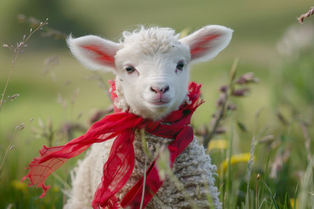 Easter Joy Embodied: A Soft, White Lamb with a Cheerful Red Ribbon Grazing in Spring's Embraceの素材