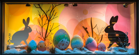 Springtime Magic: Hand-Painted Easter Eggs and Bunnies Brightening a Local Storefrontの素材