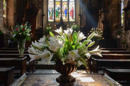 Easter's Floral Symphony: The Vibrant Dance of Lilies and Tulips by the Altar Lightの素材